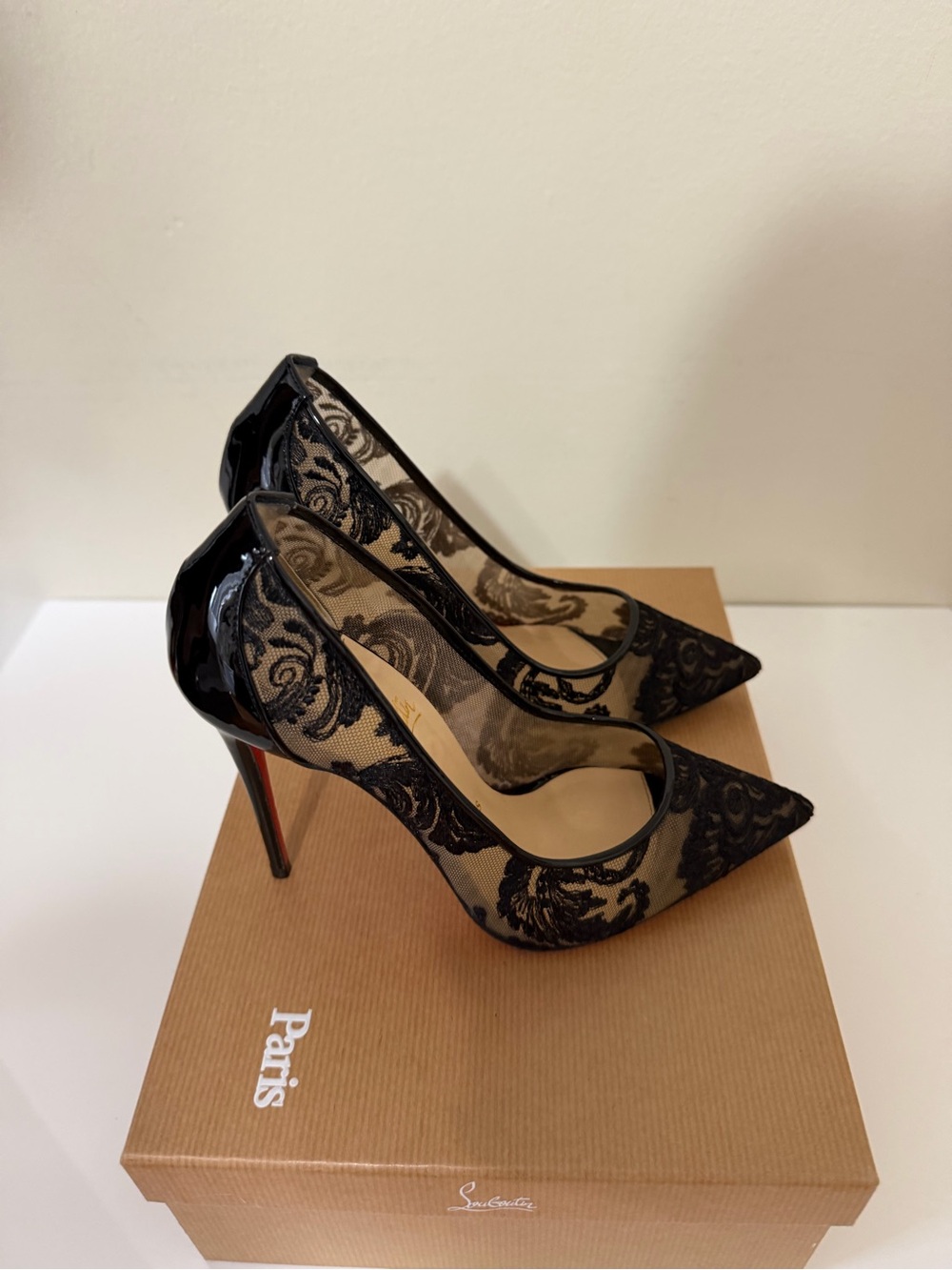 Christian Louboutin Black Lace & Patent Pointed-Toe Stilettos - Picture 3 of 8